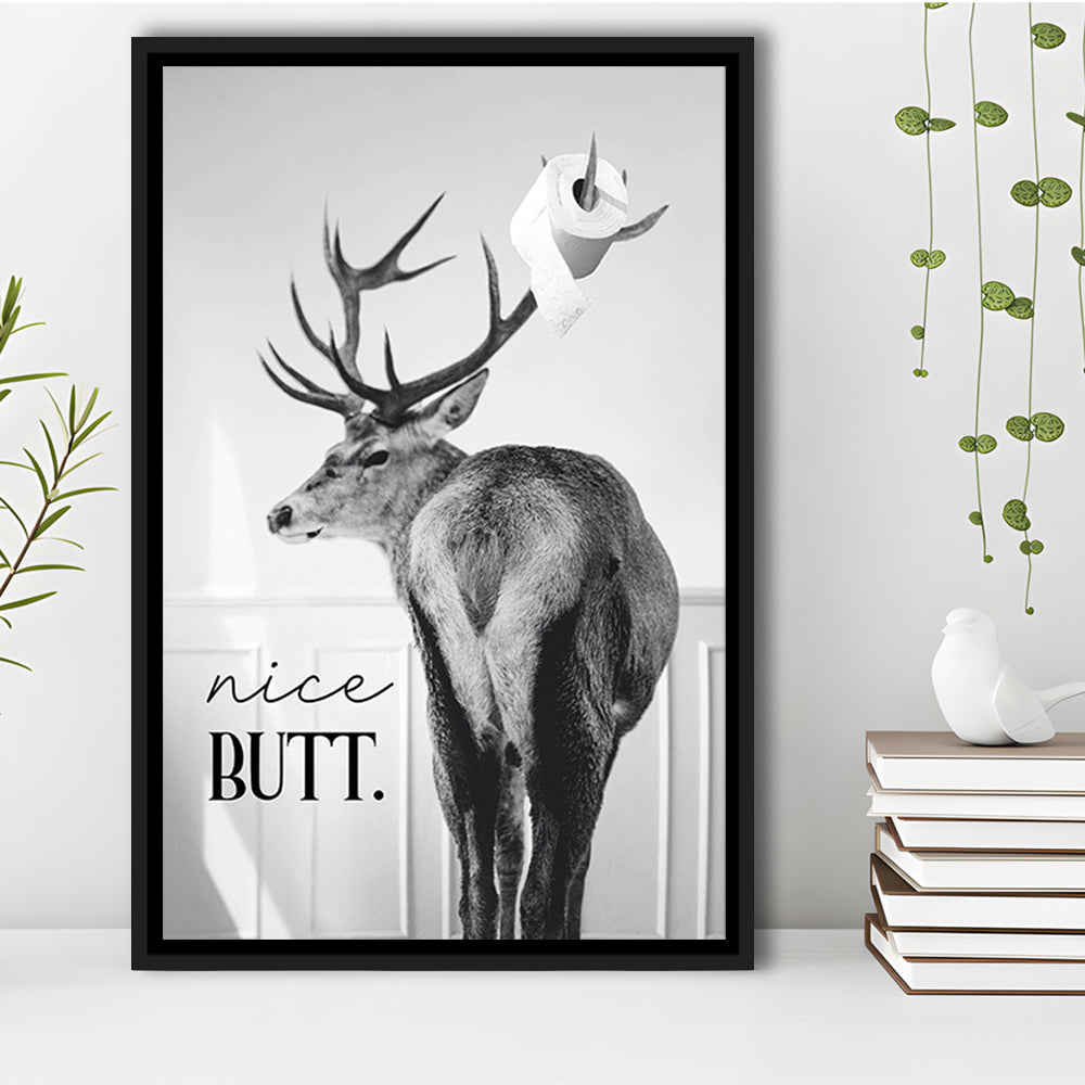 Funny Nice Butt Deer Bathroom Black and White, Framed Canvas Print Wall Art, Floating Frame