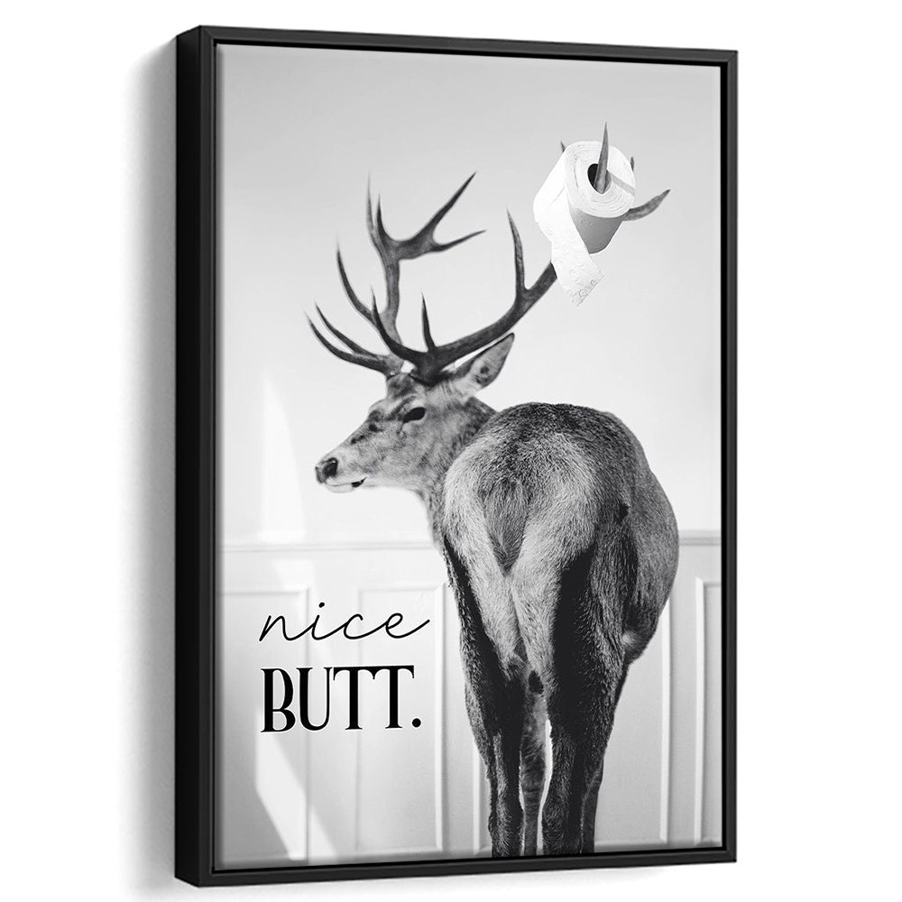 Funny Nice Butt Deer Bathroom Black and White, Framed Canvas Print Wall Art, Floating Frame