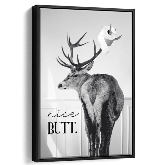 Funny Nice Butt Deer Bathroom Black and White, Framed Canvas Print Wall Art, Floating Frame