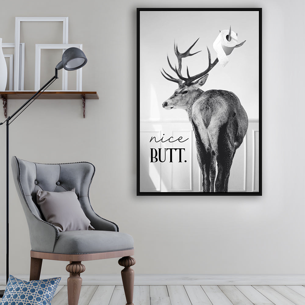 Funny Nice Butt Deer Bathroom Black and White, Framed Canvas Print Wall Art, Floating Frame
