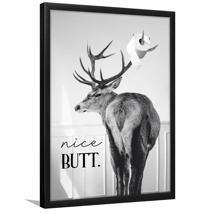 Funny Nice Butt Deer Bathroom Black and White, Framed Art Print Wall Decor, Picture Framed