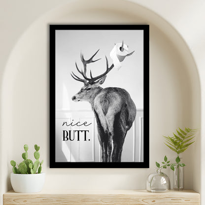 Funny Nice Butt Deer Bathroom Black and White, Framed Art Print Wall Decor, Picture Framed