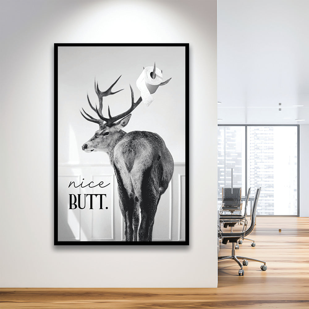 Funny Nice Butt Deer Bathroom Black and White, Framed Art Print Wall Decor, Picture Framed