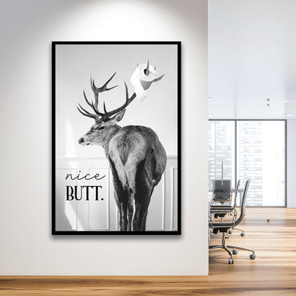 Funny Nice Butt Deer Bathroom Black and White, Framed Art Print Wall Decor, Picture Framed