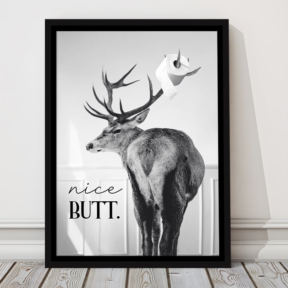 Funny Nice Butt Deer Bathroom Black and White, Framed Canvas Print Wall Art, Floating Frame