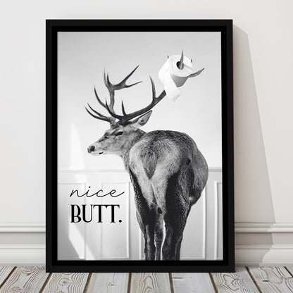 Funny Nice Butt Deer Bathroom Black and White, Framed Canvas Print Wall Art, Floating Frame