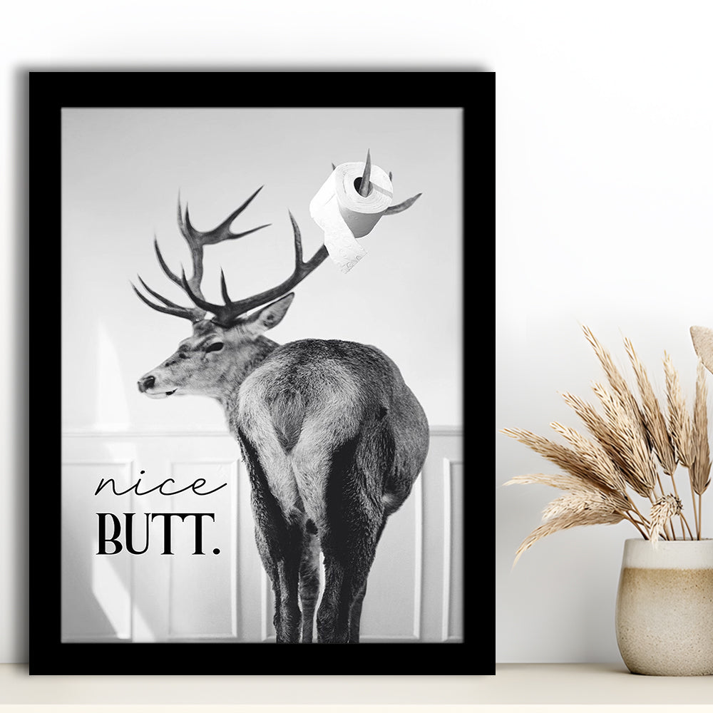 Funny Nice Butt Deer Bathroom Black and White, Framed Art Print Wall Decor, Picture Framed