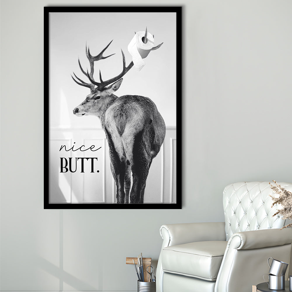 Funny Nice Butt Deer Bathroom Black and White, Framed Art Print Wall Decor, Picture Framed
