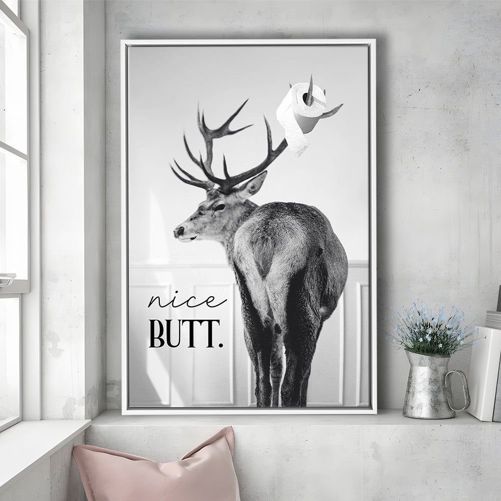 Funny Nice Butt Deer Bathroom Black and White, Framed Canvas Print Wall Art, Floating Frame