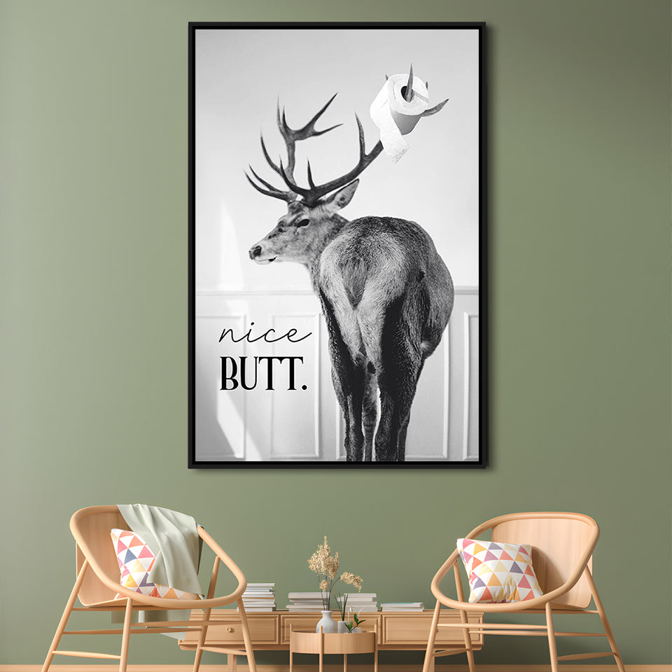 Funny Nice Butt Deer Bathroom Black and White, Framed Canvas Print Wall Art, Floating Frame