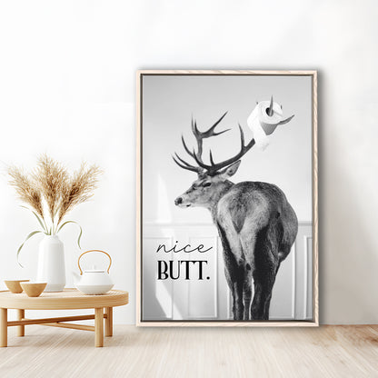 Funny Nice Butt Deer Bathroom Black and White, Framed Canvas Print Wall Art, Floating Frame