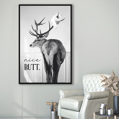 Funny Nice Butt Deer Bathroom Black and White, Framed Canvas Print Wall Art, Floating Frame