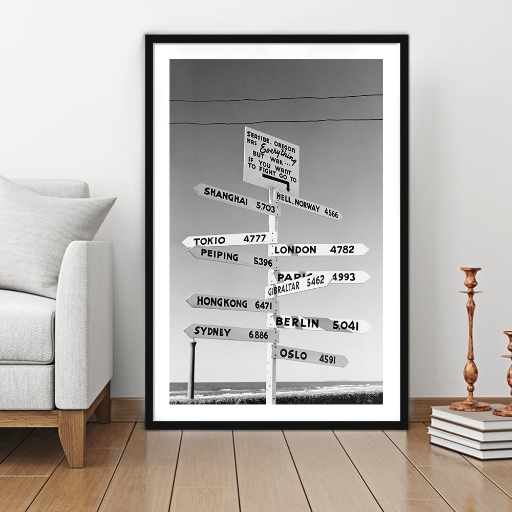 Funny Oregon Seaside Sign Black and White Art, Framed Art Print White Border Wall Decor