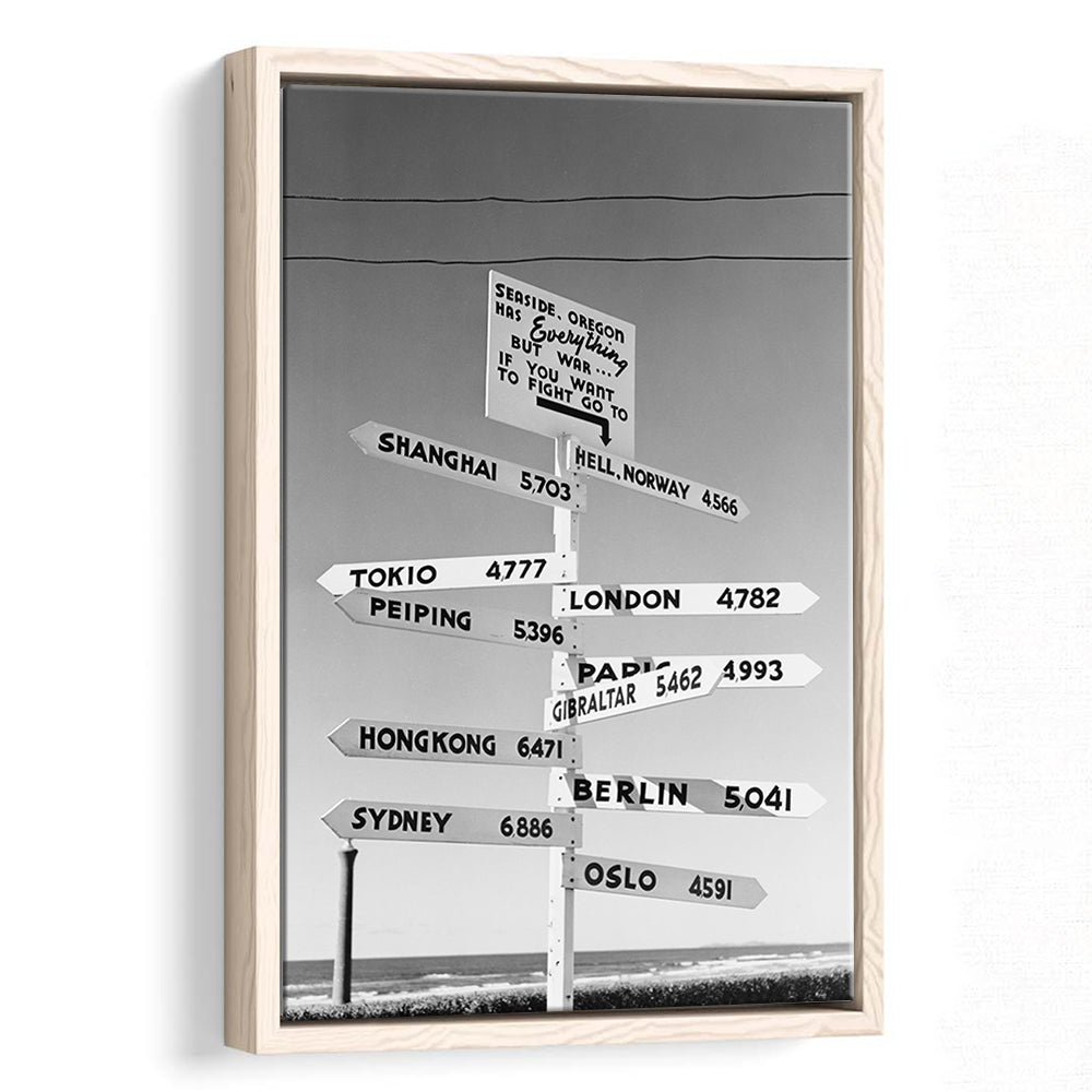 Funny Oregon Seaside Sign Black and White Art, Floating Framed Canvas Print