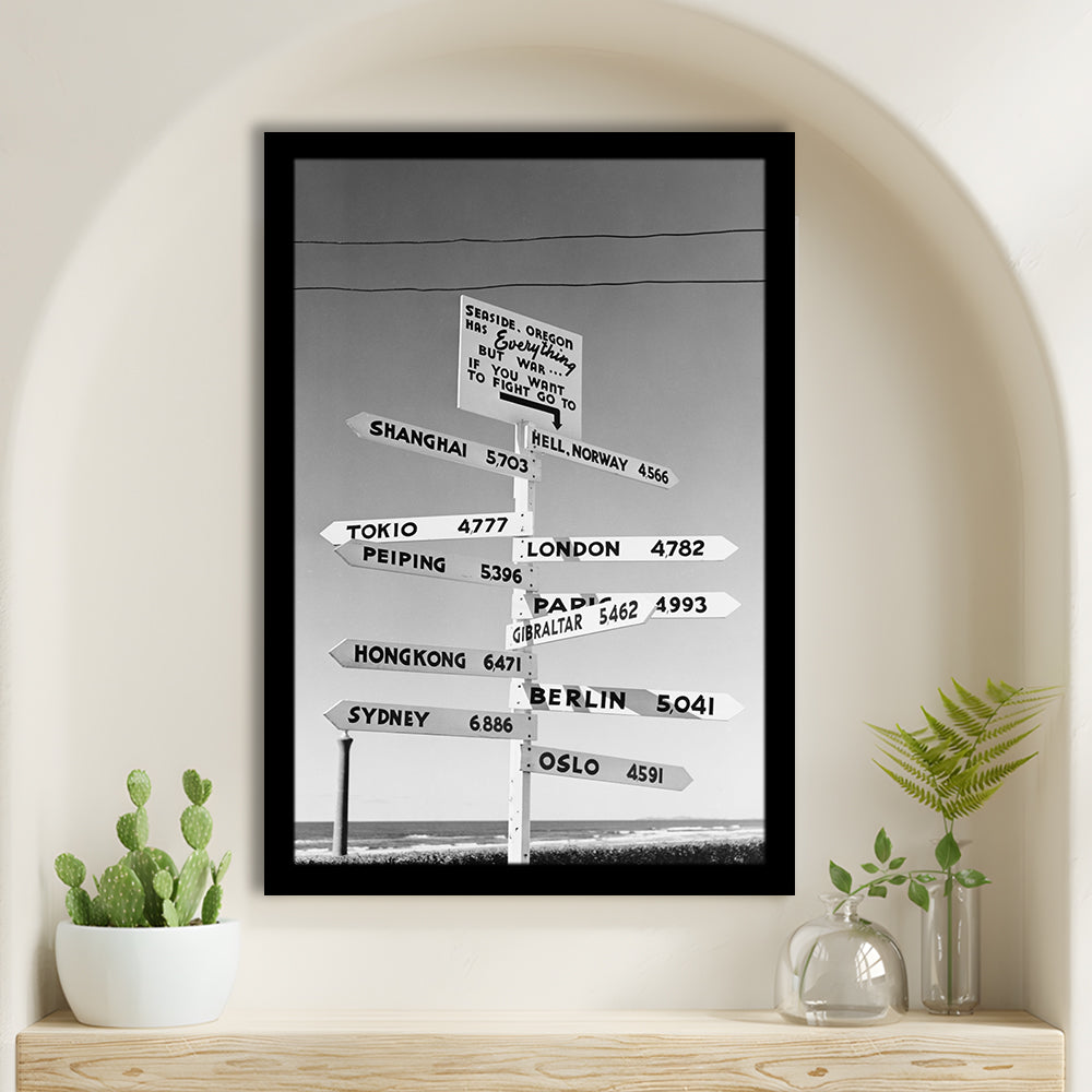 Funny Oregon Seaside Sign Black and White Art, Framed Art Print Wall Decor