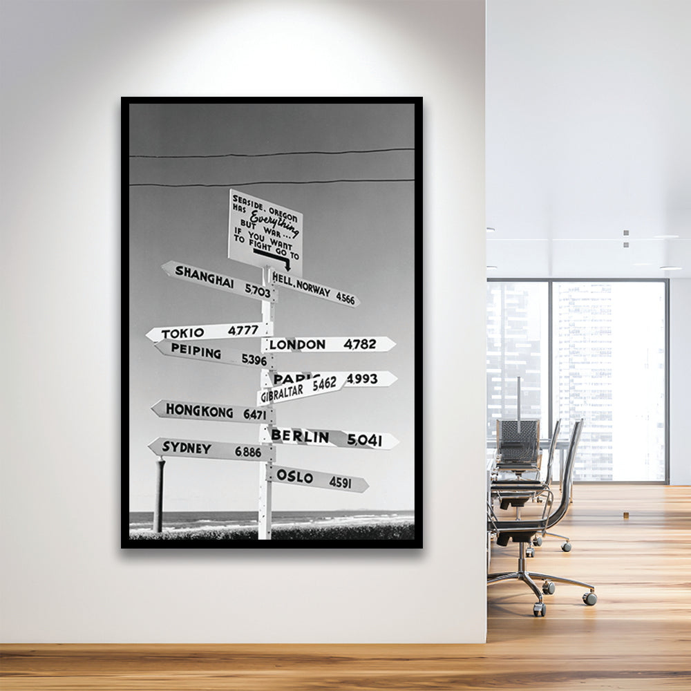 Funny Oregon Seaside Sign Black and White Art, Framed Art Print Wall Decor