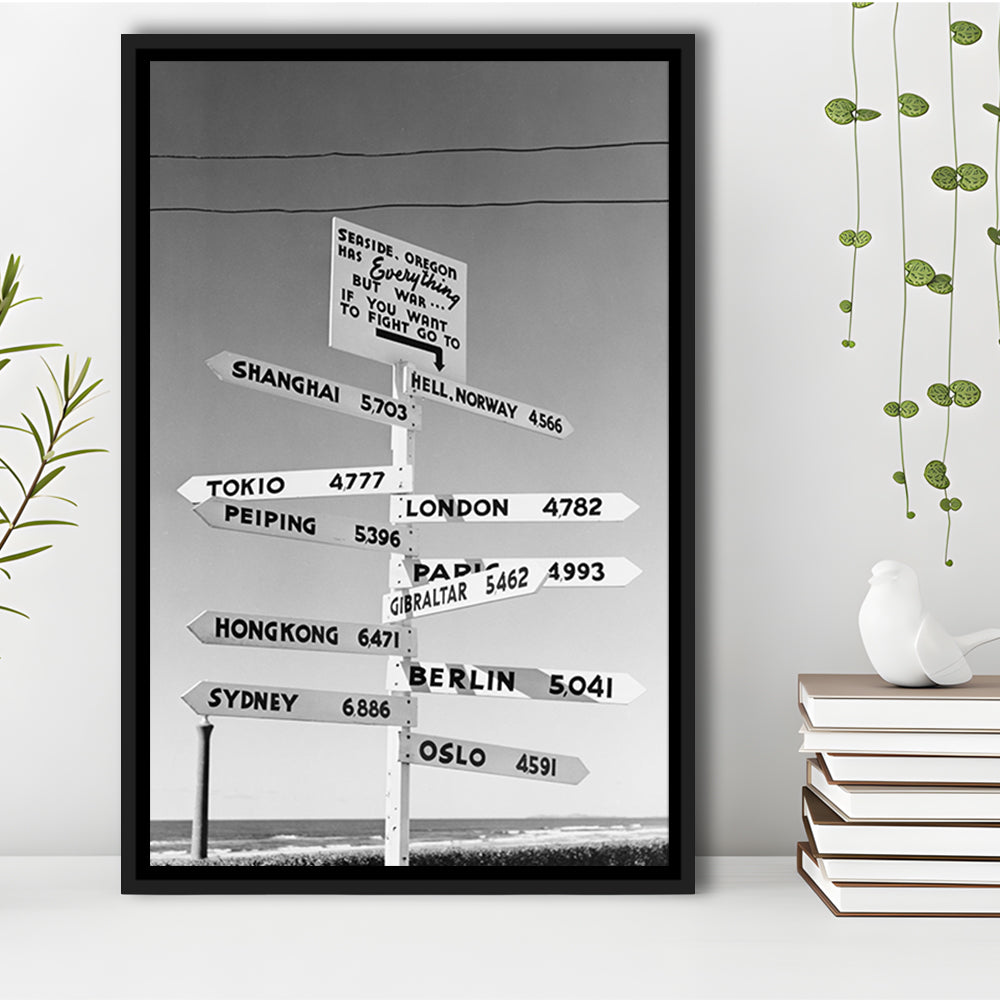 Funny Oregon Seaside Sign Black and White Art, Floating Framed Canvas Print