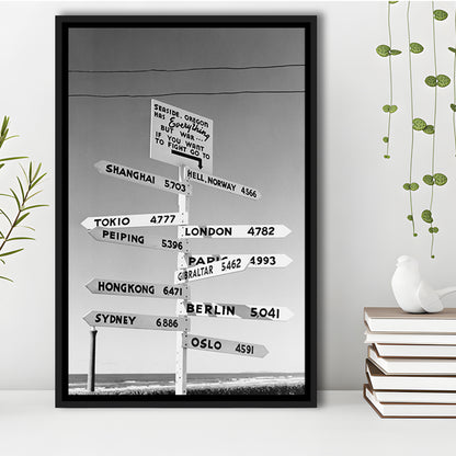 Funny Oregon Seaside Sign Black and White Art, Floating Framed Canvas Print
