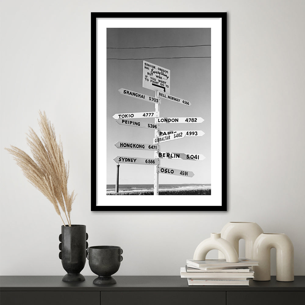 Funny Oregon Seaside Sign Black and White Art, Framed Art Print White Border Wall Decor
