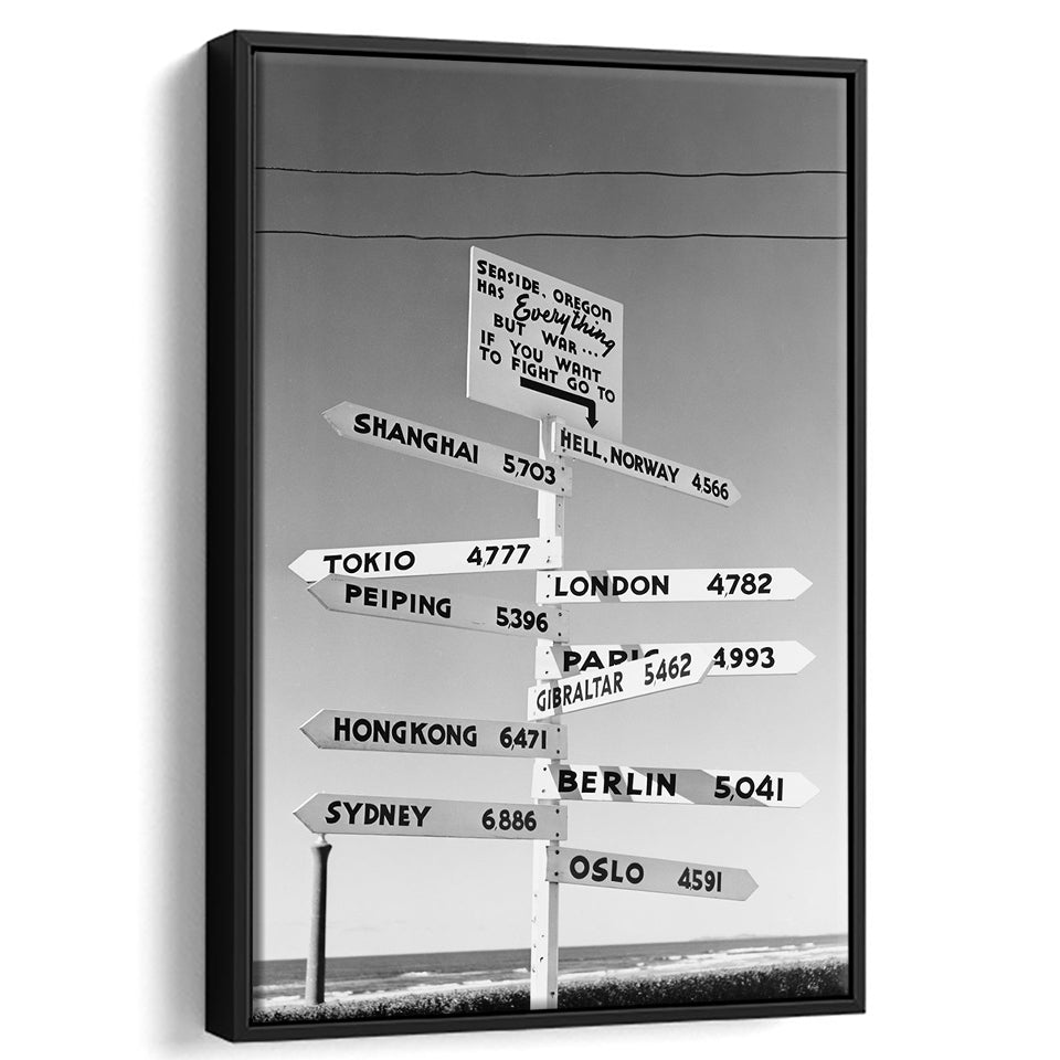Funny Oregon Seaside Sign Black and White Art, Floating Framed Canvas Print