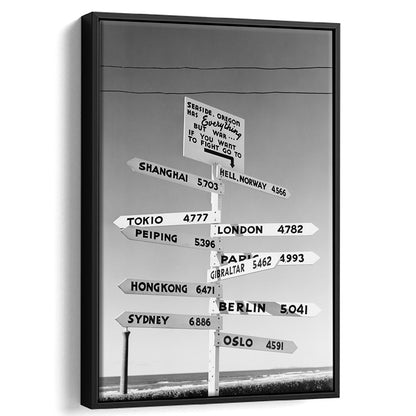 Funny Oregon Seaside Sign Black and White Art, Floating Framed Canvas Print