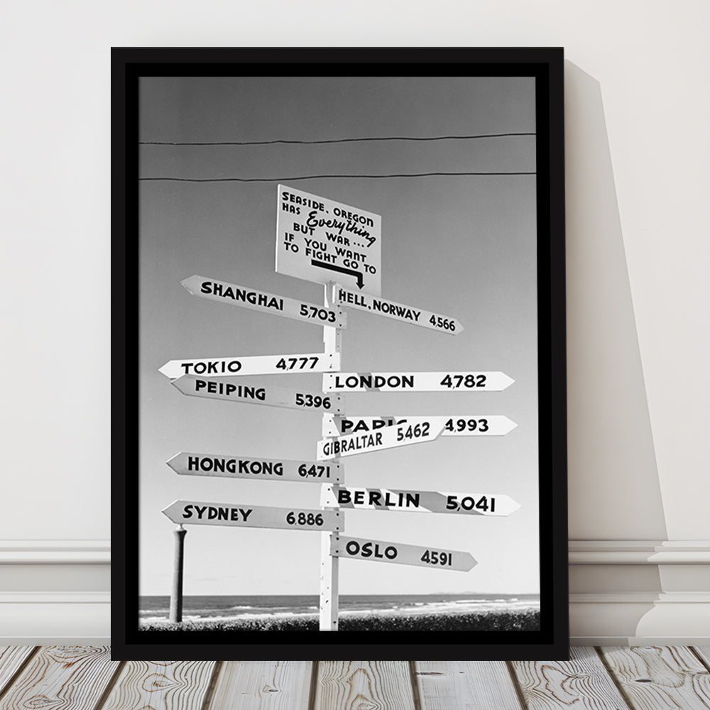 Funny Oregon Seaside Sign Black and White Art, Floating Framed Canvas Print