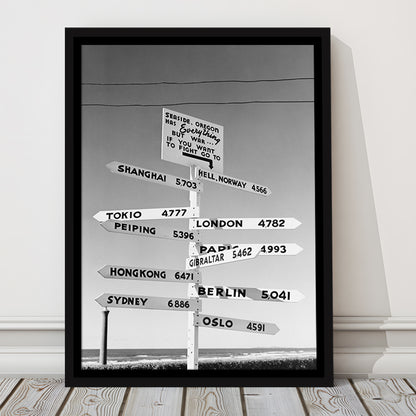 Funny Oregon Seaside Sign Black and White Art, Floating Framed Canvas Print