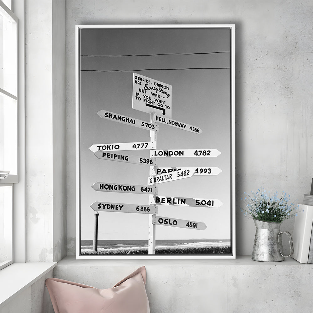 Funny Oregon Seaside Sign Black and White Art, Floating Framed Canvas Print