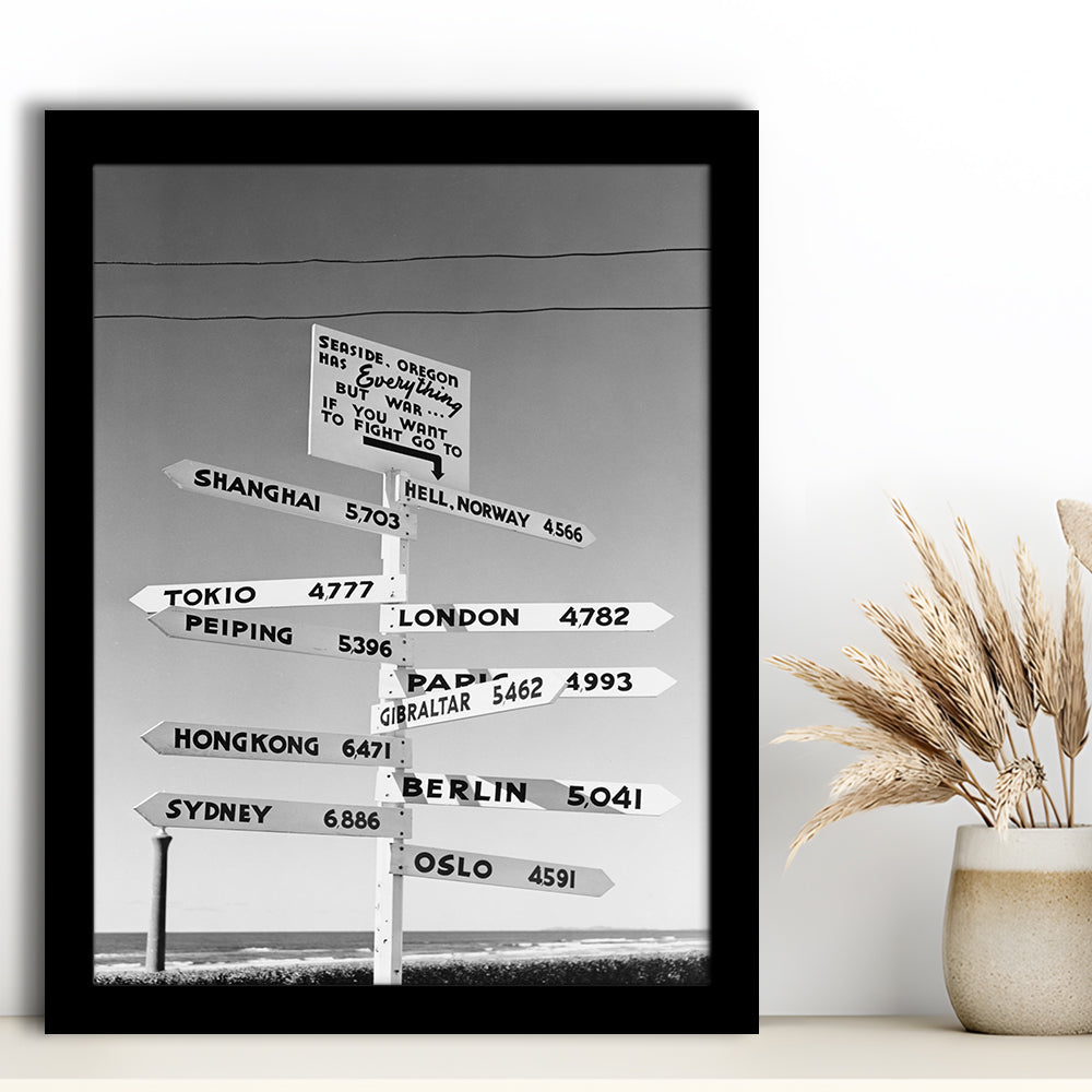 Funny Oregon Seaside Sign Black and White Art, Framed Art Print Wall Decor