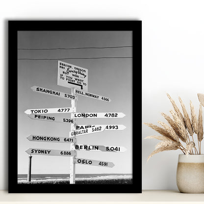Funny Oregon Seaside Sign Black and White Art, Framed Art Print Wall Decor
