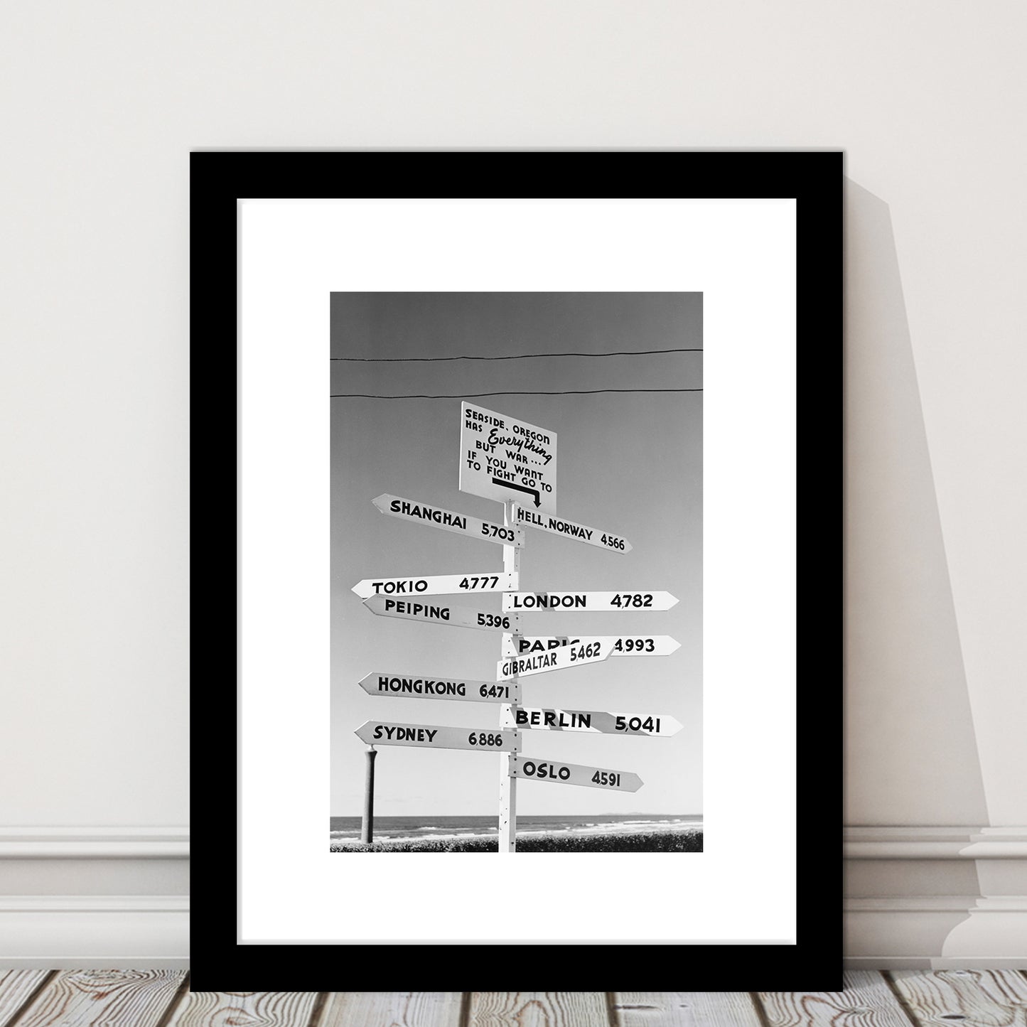 Funny Oregon Seaside Sign Black and White Art, Framed Art Print White Border Wall Decor