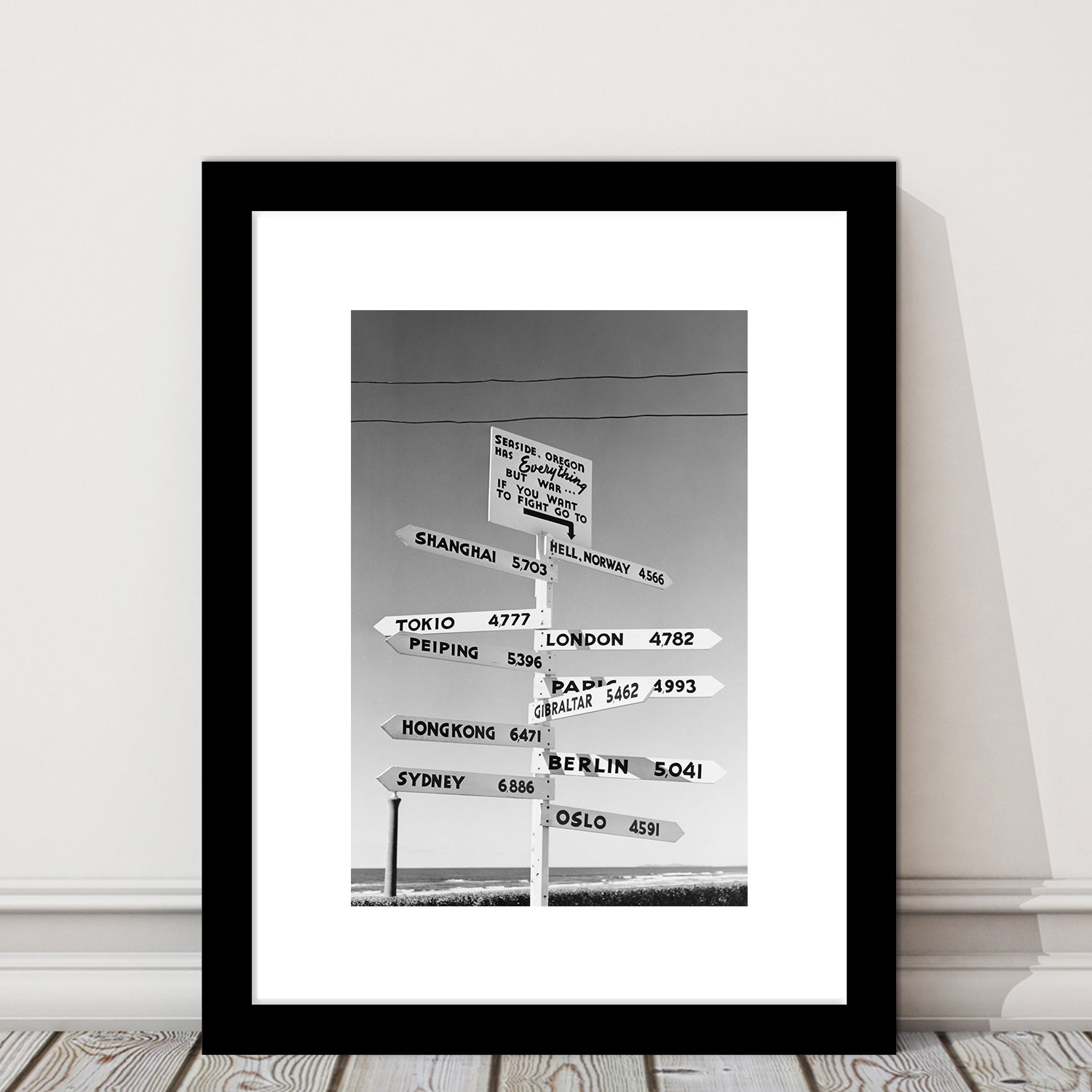 Funny Oregon Seaside Sign Black and White Art, Framed Art Print White Border Wall Decor