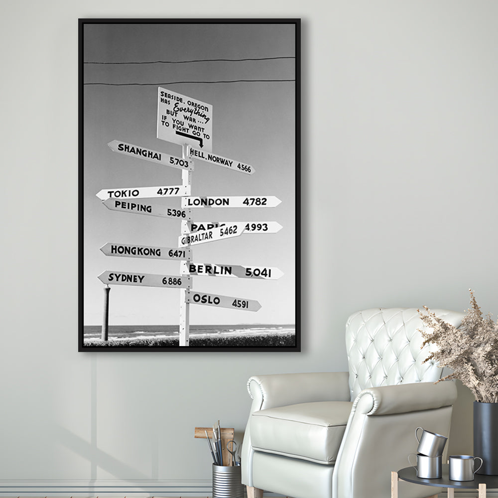 Funny Oregon Seaside Sign Black and White Art, Floating Framed Canvas Print
