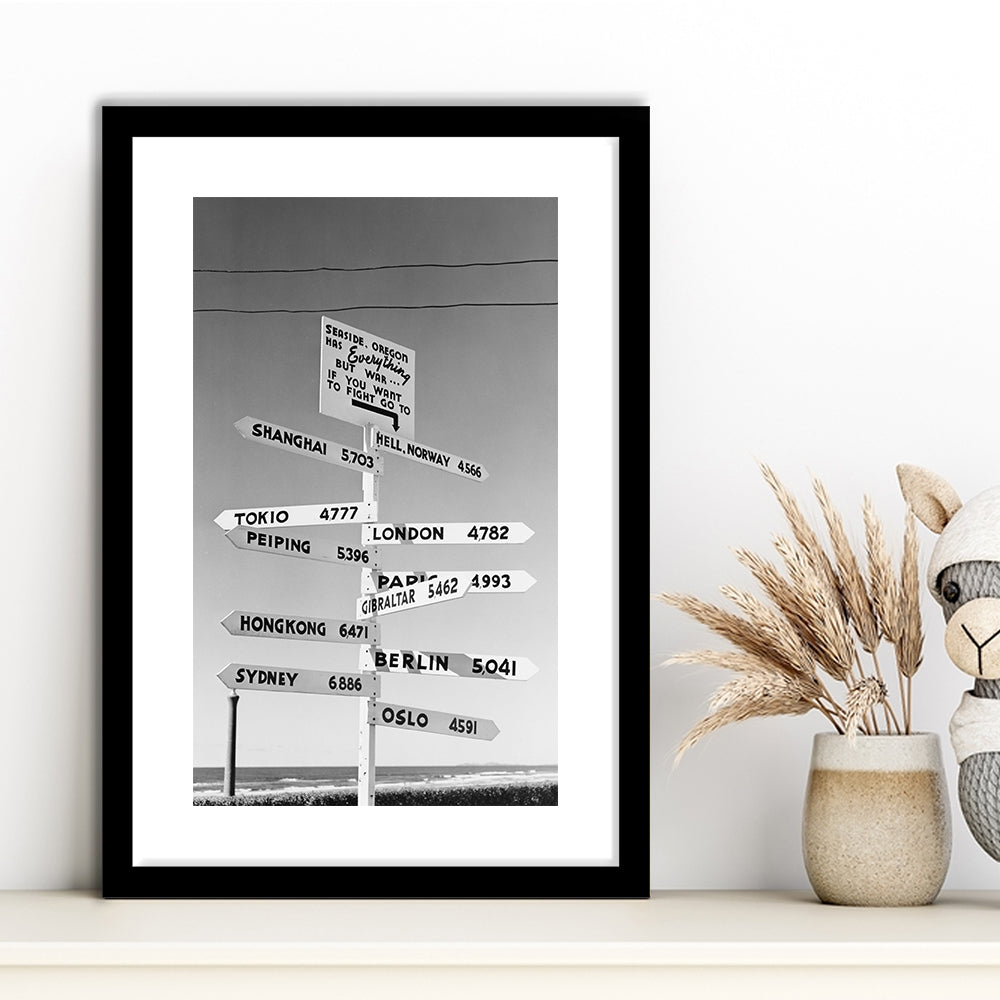 Funny Oregon Seaside Sign Black and White Art, Framed Art Print White Border Wall Decor