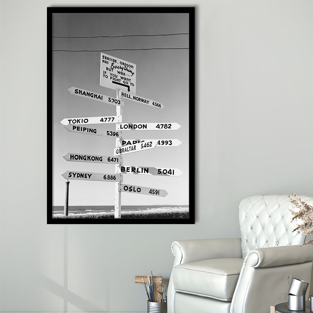 Funny Oregon Seaside Sign Black and White Art, Framed Art Print Wall Decor