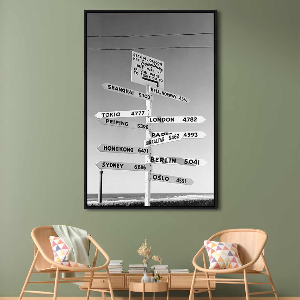 Funny Oregon Seaside Sign Black and White Art, Floating Framed Canvas Print