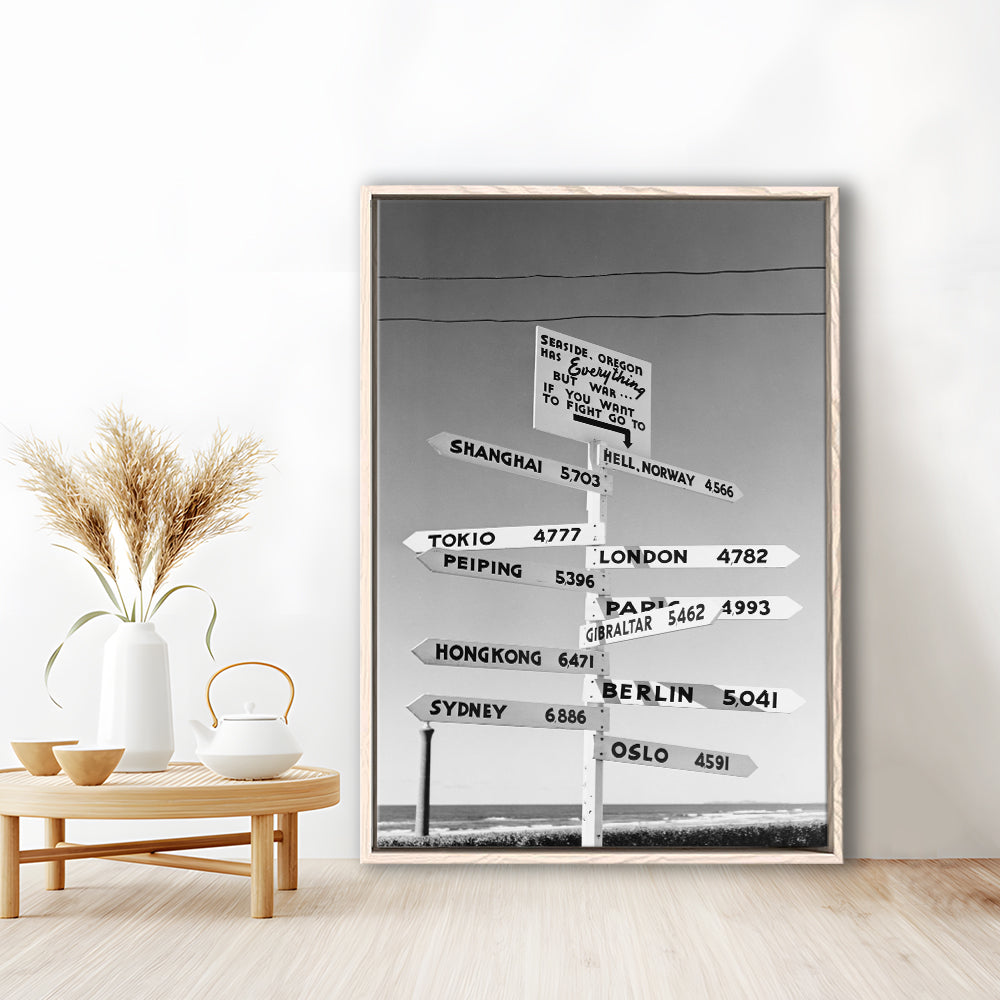 Funny Oregon Seaside Sign Black and White Art, Floating Framed Canvas Print