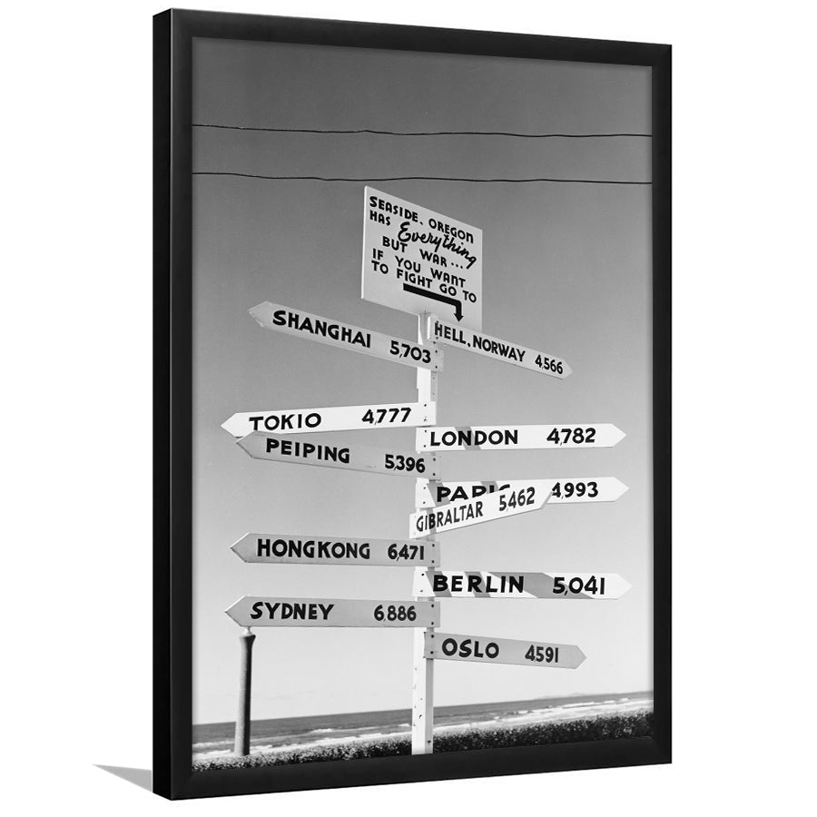 Funny Oregon Seaside Sign Black and White Art, Framed Art Print Wall Decor