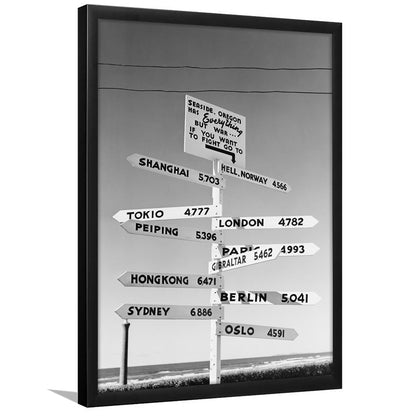 Funny Oregon Seaside Sign Black and White Art, Framed Art Print Wall Decor