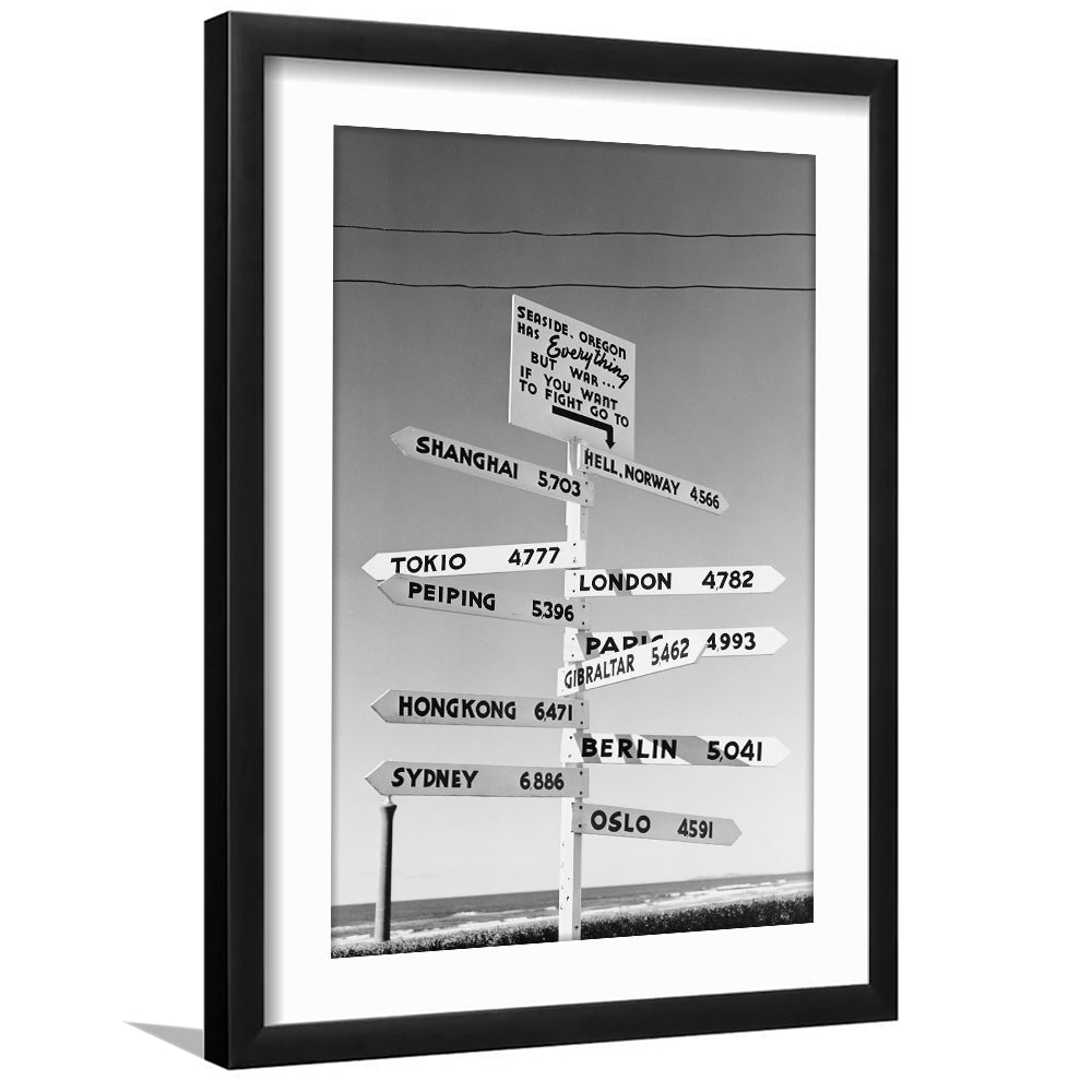 Funny Oregon Seaside Sign Black and White Art, Framed Art Print White Border Wall Decor
