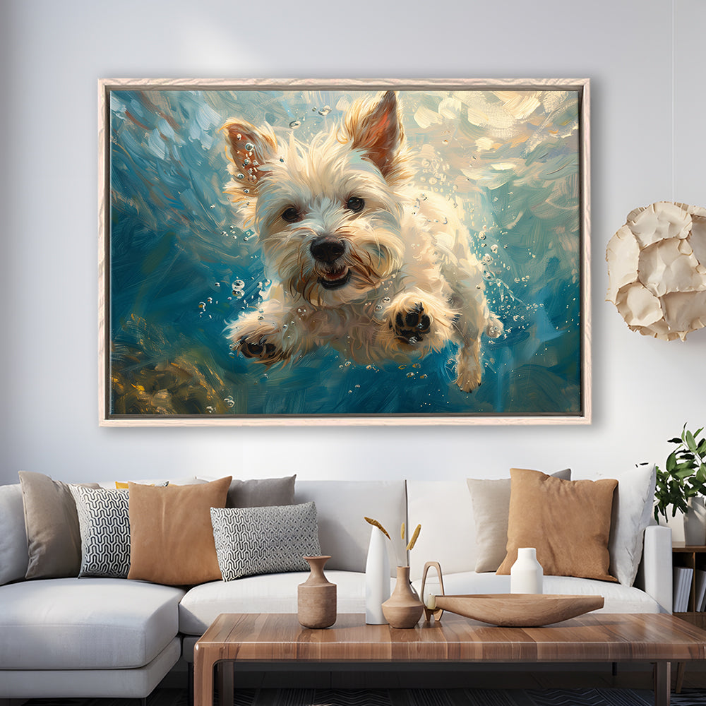 West Highland White Terrier Dog Underwater, Framed Canvas Print, Painting Art, Floating Framed Canvas Print Wall Art