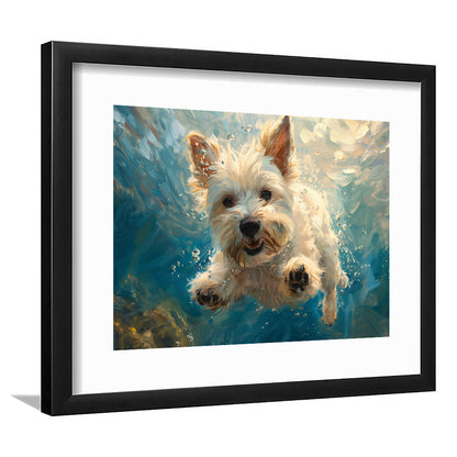 West Highland White Terrier Dog Underwater, Framed  Print, Painting Art, Framed Art Print White Border Wall Decor