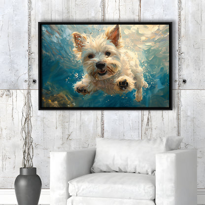 West Highland White Terrier Dog Underwater, Framed Canvas Print, Painting Art, Floating Framed Canvas Print Wall Art