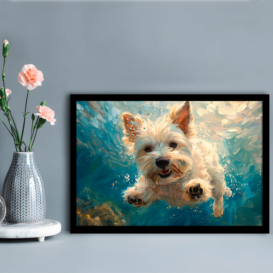 West Highland White Terrier Dog Underwater, Framed  Print, Painting Art, Framed Art Print Wall Decor, Framed Picture