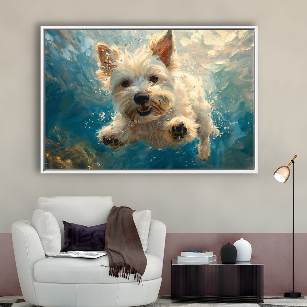 West Highland White Terrier Dog Underwater, Framed Canvas Print, Painting Art, Floating Framed Canvas Print Wall Art
