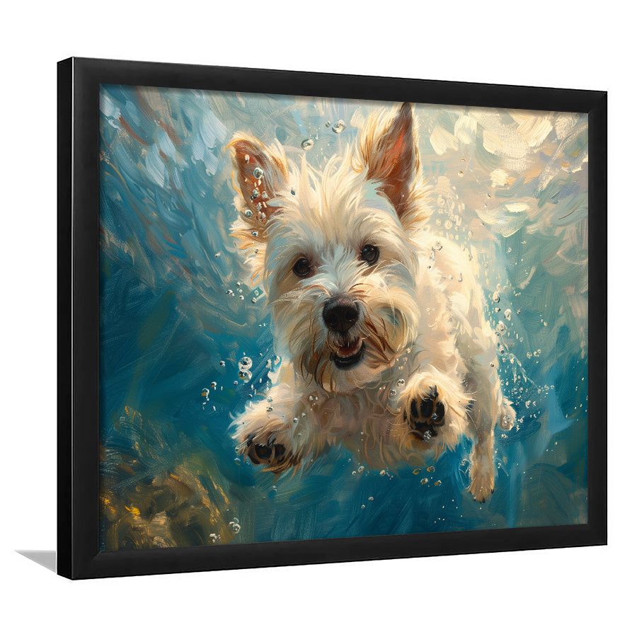 West Highland White Terrier Dog Underwater, Framed  Print, Painting Art, Framed Art Print Wall Decor, Framed Picture