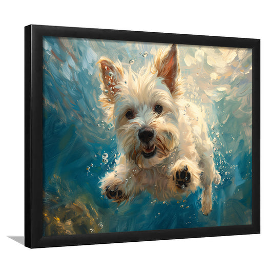 West Highland White Terrier Dog Underwater, Framed  Print, Painting Art, Framed Art Print Wall Decor, Framed Picture