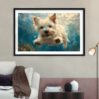West Highland White Terrier Dog Underwater, Framed  Print, Painting Art, Framed Art Print White Border Wall Decor