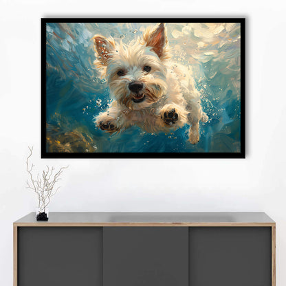 West Highland White Terrier Dog Underwater, Framed  Print, Painting Art, Framed Art Print Wall Decor, Framed Picture