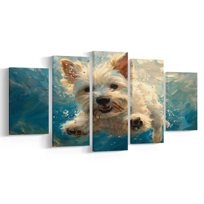 West Highland White Terrier Dog Underwater, Canvas Art Decor Print, Painting Art, Mixed Panels Canvas Print Wall Art